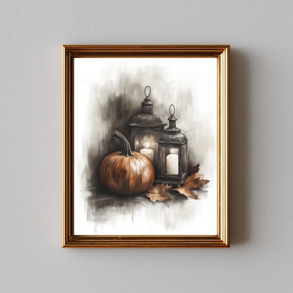 Rustic Pumpkin Lantern Still Life Fall Decor Vintage Autumn Art Pencil Sketch Cozy Cottage Wall Seasonal Print 72