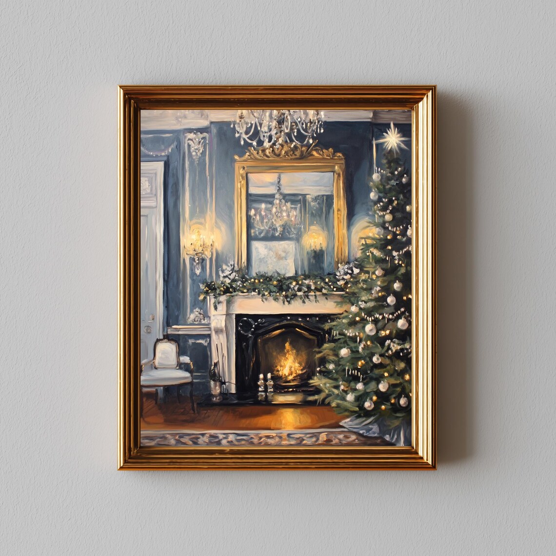Elegant Christmas Fireplace With Tree And Chandelier Painting Poster