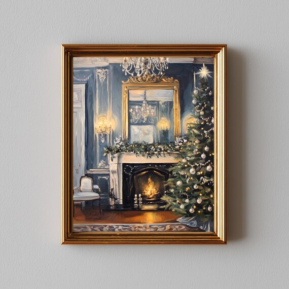 Elegant Christmas Fireplace With Tree And Chandelier Painting Poster