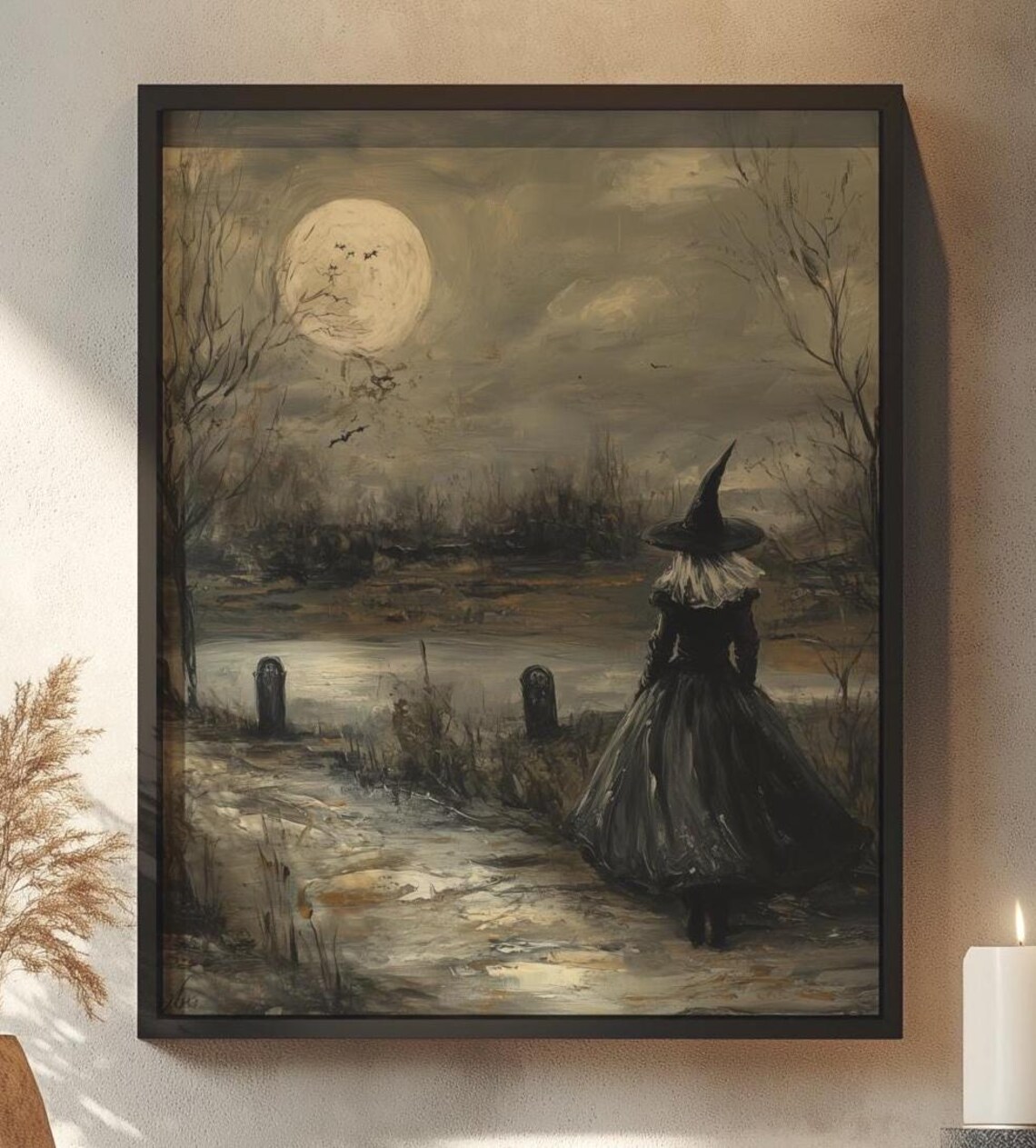 Moonlit Witch Graveyard Full Moon Gothic Oil Painting Poster