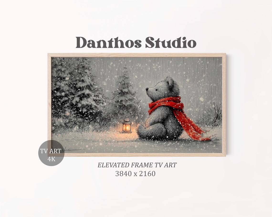 Winter Teddy Bear With Red Scarf Lantern Snow Sketch Art Poster
