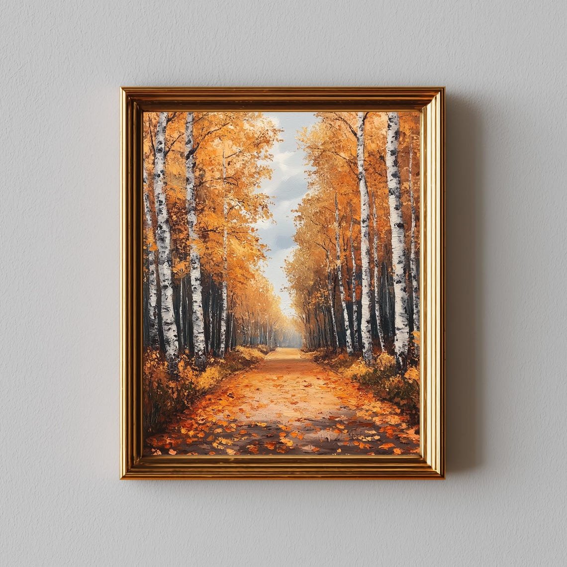 Autumn Birch Tree Pathway Rustic Fall Landscape Art Cozy Nature Scene Wall Textured Painting With Golden Foliage 295