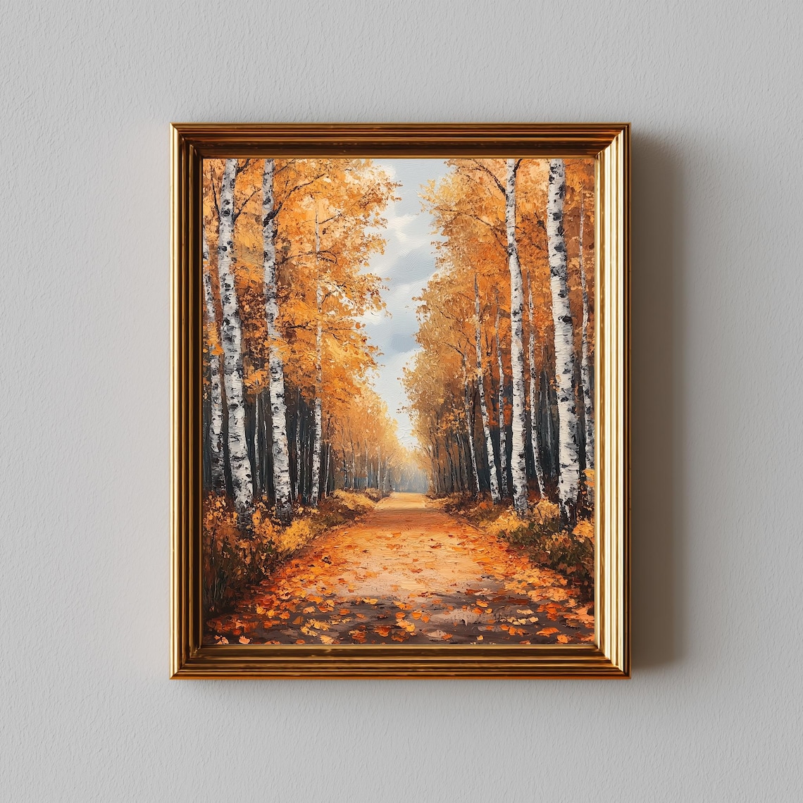 Golden Autumn Birch Forest Path Covered in Fallen Orange Leaves Poster