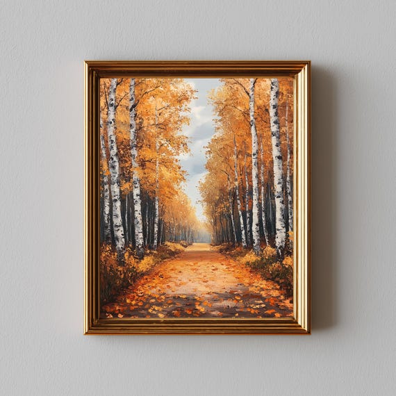 Autumn Birch Tree Pathway Rustic Fall Landscape Art Cozy Nature Scene Wall Textured Painting With Golden Foliage 295