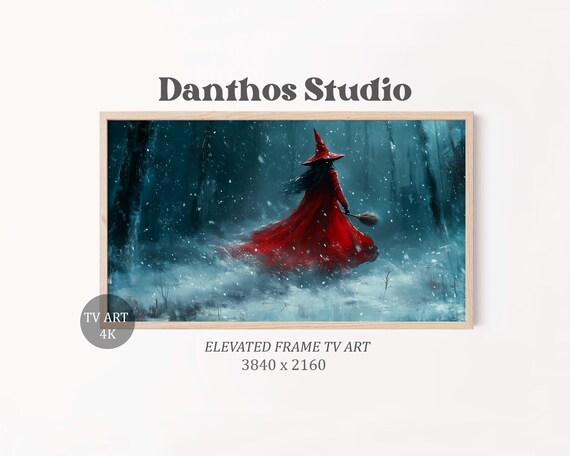 Christmas Witch In Red Cloak Frame TV Art Poster Snowy Forest