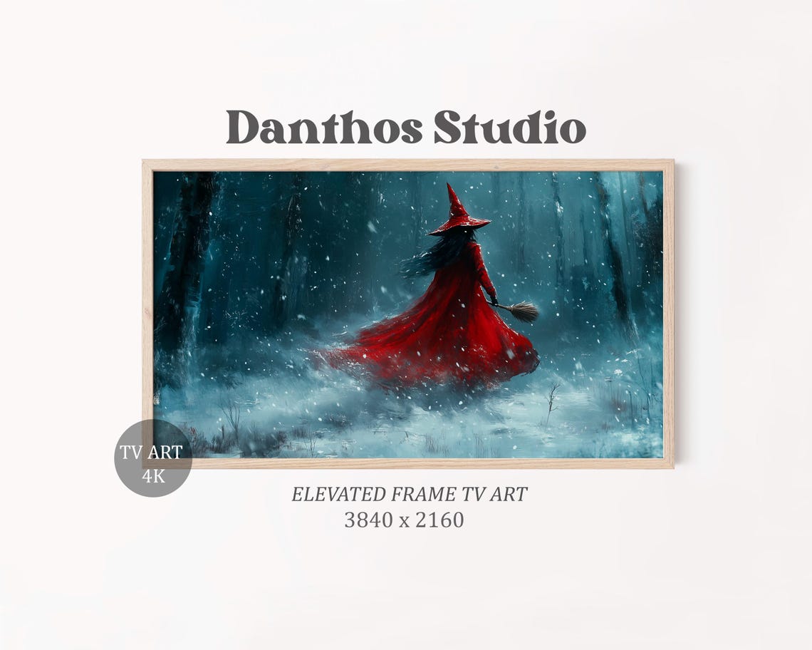 Christmas Witch In Red Cloak Frame TV Art Poster Snowy Forest