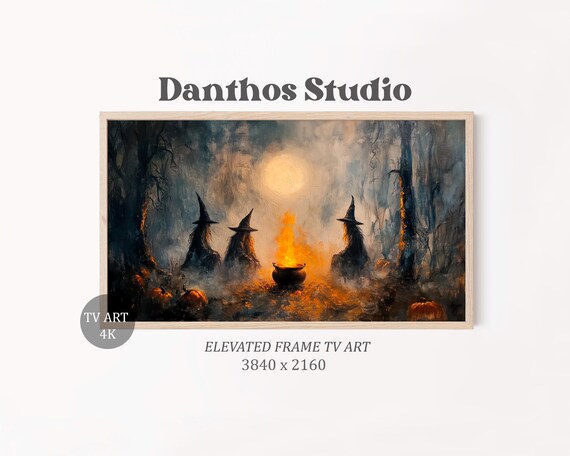 Halloween Witches Frame Tv Art Spooky Witch Scene Mystic Cauldron Painting Dark Moody Colors Expressive Wall Decor 17