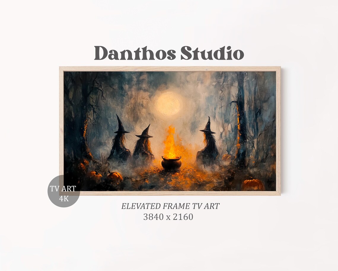 Witches Around A Burning Cauldron Frame TV Art Poster Moonlit Forest