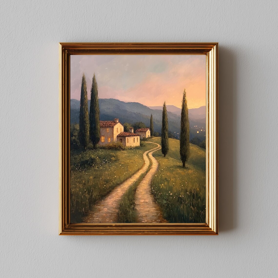 Tuscan Countryside Farmhouse Cypress Trees Sunset Pastoral Wall Art