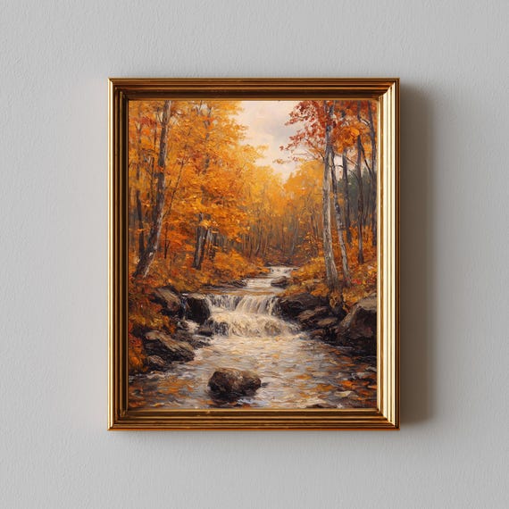 Rustic Forest Stream In Autumn Cozy Fall Nature Scene Golden Foliage Cabin Decor Farmhouse Wall Art Traditional 287