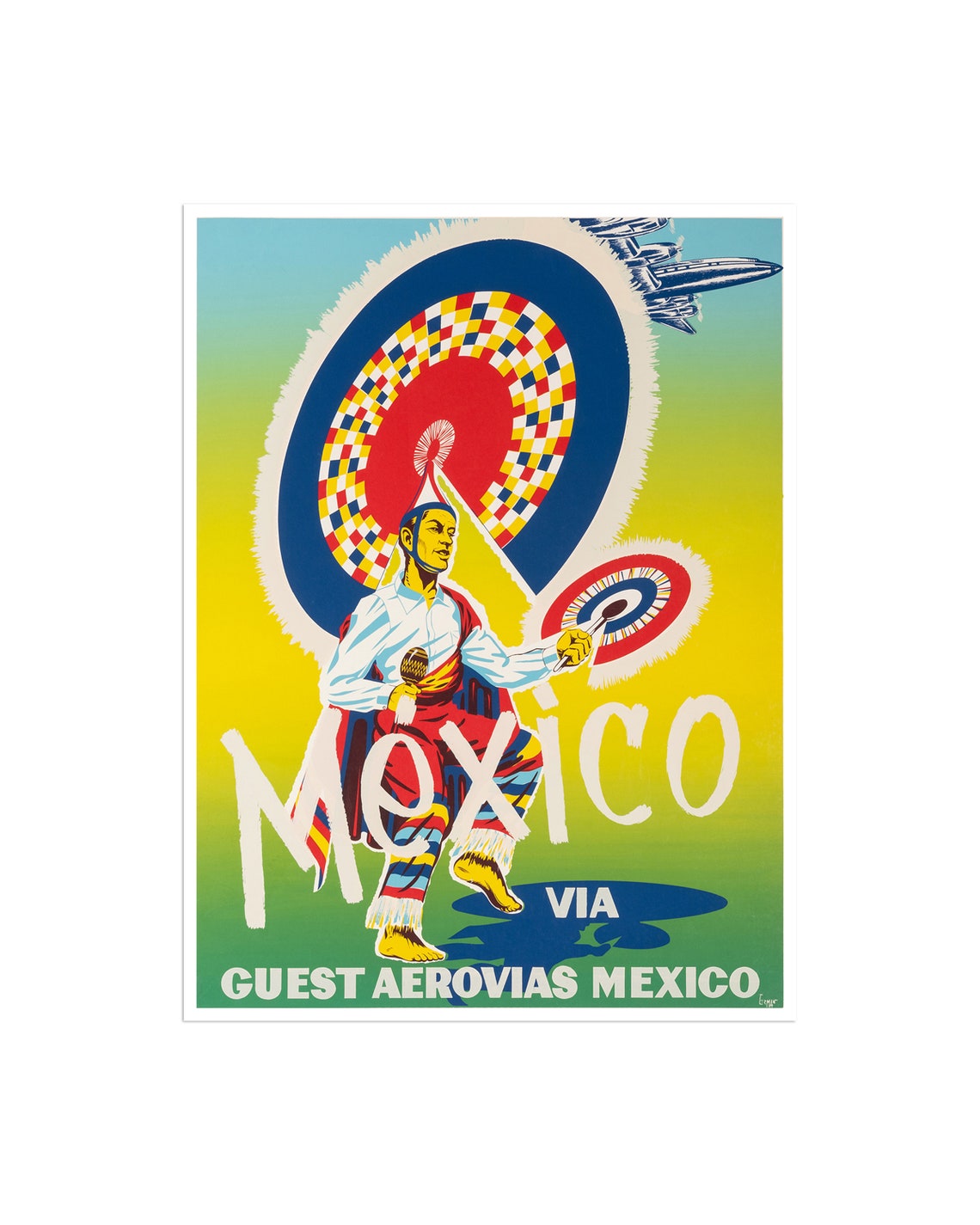 Mexico Folk Dancer Feather Fans Guest Aerovias Colorful Poster