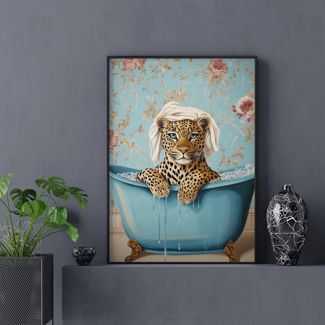 Leopard With Towel on Head Bathing in Blue Clawfoot Tub Funny Poster - Image 2