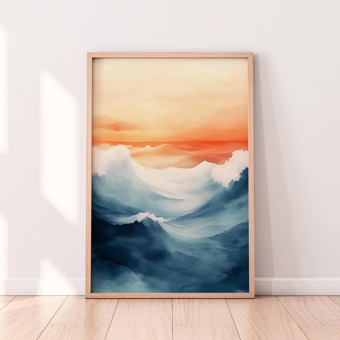 Ocean Waves At Sunset Serene Coastal Watercolor Blue Sea Wall Art