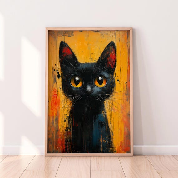 Black Cat Painting Bold Expressionist Feline Art Modern Whimsical Wall Decor For Cat Lovers And Contemporary Spaces