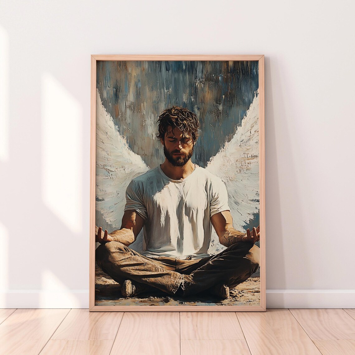 Meditating Guardian Angel With White Wings Spiritual Wall Art