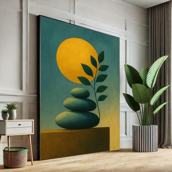 Calming Zen Stones And Sun Canvas Wall Art Print Minimalist Boho Living Room Decor Ready To Hang