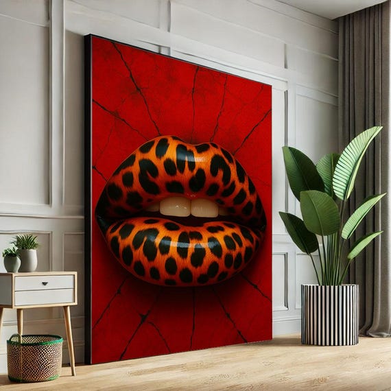 Bold Leopard Print Lips Canvas Wall Art Red And Black Living Room Decor Statement Piece For Modern Lovers
