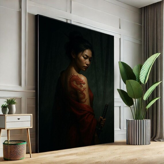 Woman Red Robe Dragon Shoulder Tattoo Sword Dark Bamboo Art Poster