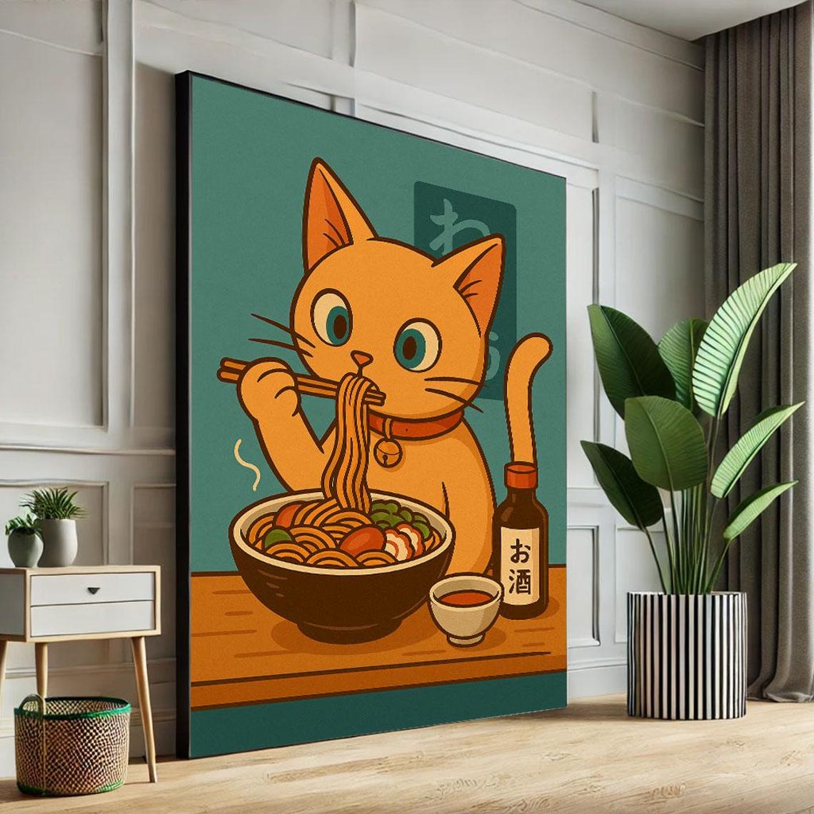 Playful Orange Cat Eating Ramen With Chopsticks Sake Art Poster