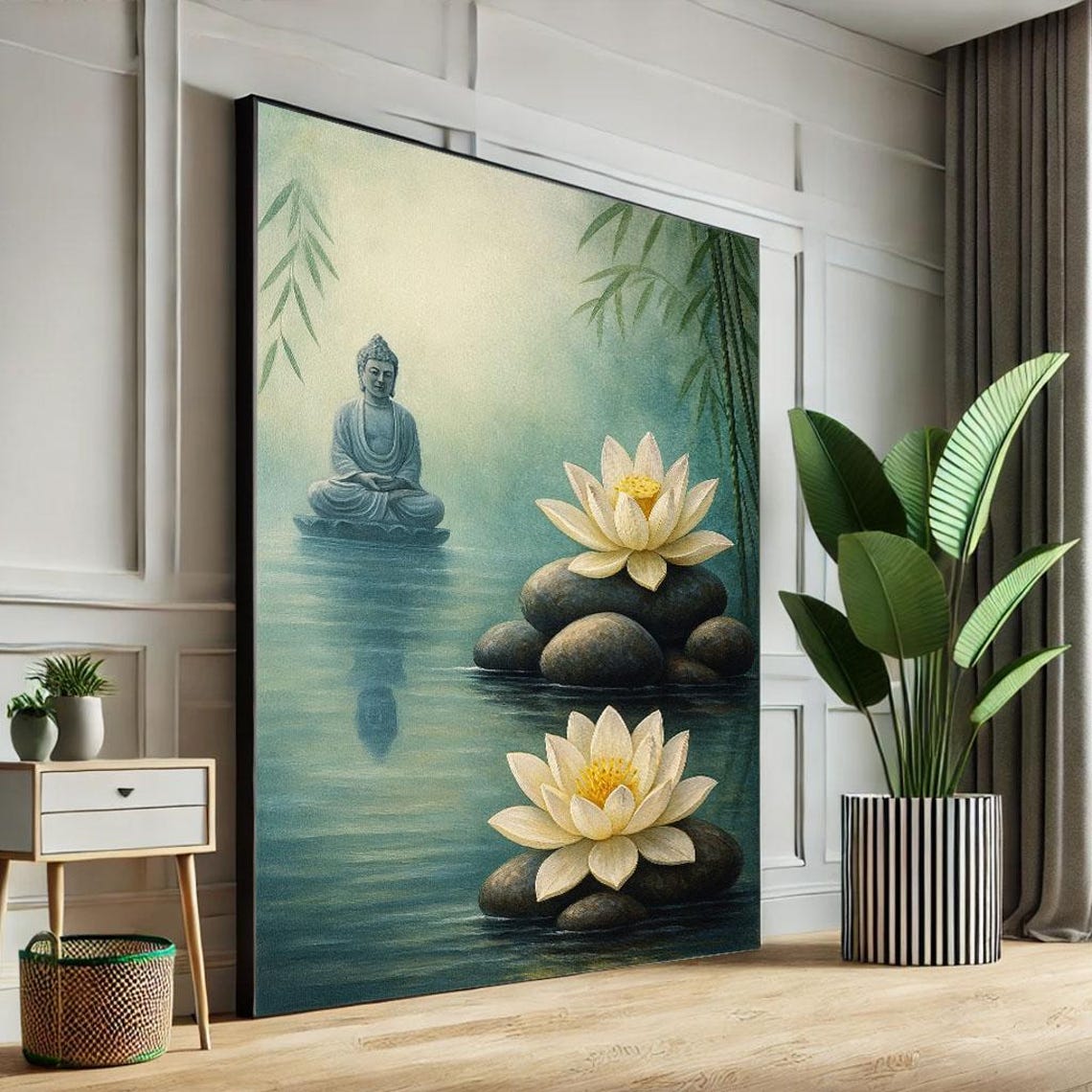 Serene Buddha Meditating On Water Lotus Bamboo Zen Nature Poster