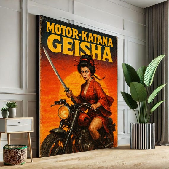 Bold Geisha On Motorcycle Canvas Wall Art Print Vintage Asian Style Living Room Decor Statement Piece