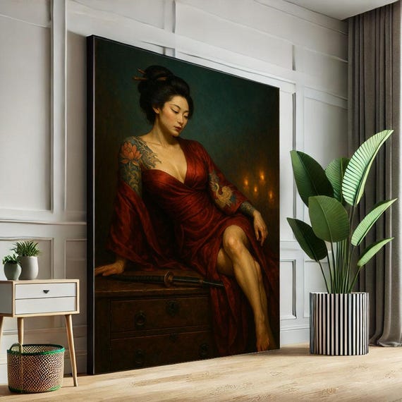 Elegant Asian Woman In Red Gown Canvas Wall Art Print Vintage Living Room Decor Statement Piece