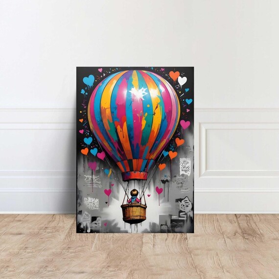Rainbow Hot Air Balloon With Child Graffiti Hearts Street Art Style Poster