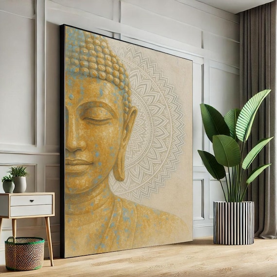 Golden Buddha Half Face White Mandala Cream Minimalist Zen Wall Poster