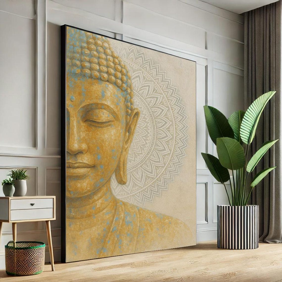 Golden Buddha Half Face White Mandala Cream Minimalist Zen Wall Poster