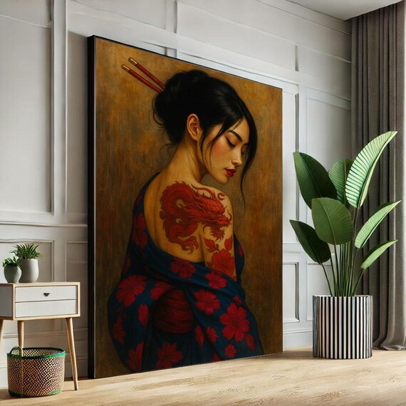 Oriental Woman With Dragon Tattoo Canvas Wall Art Print Elegant Living Room Decor Statement Piece