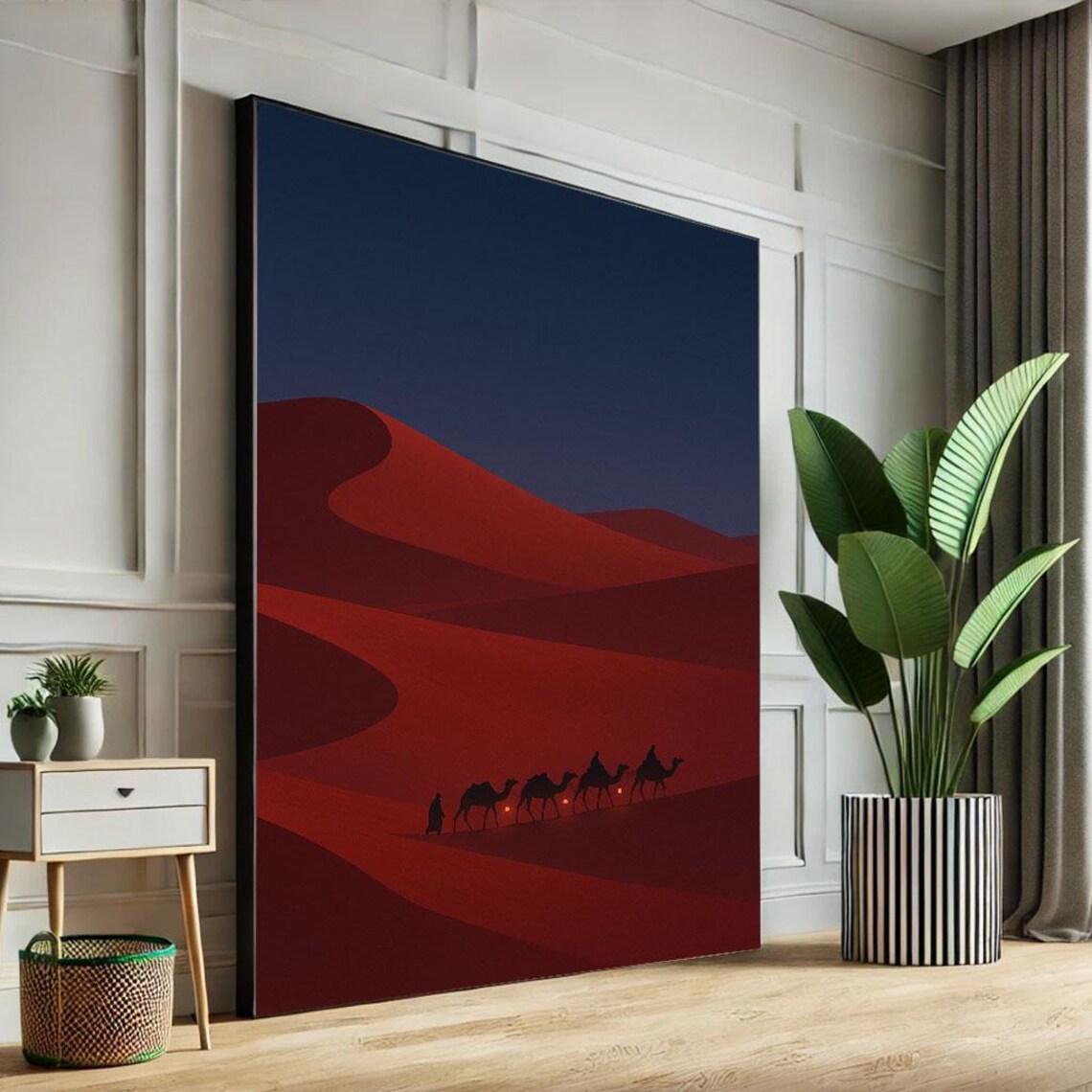 Red Desert Dunes Camel Caravan Silhouette Night Minimalist Poster