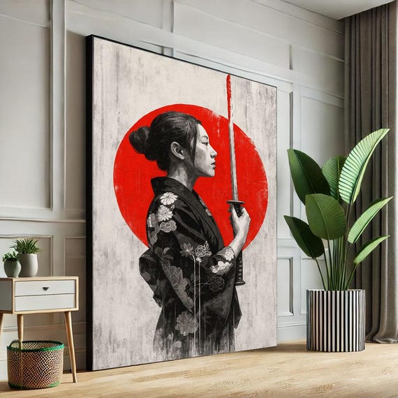 Elegant Japanese Woman With Katana Canvas Wall Art Print Bold Red Living Room Decor Empowering Statement Piece