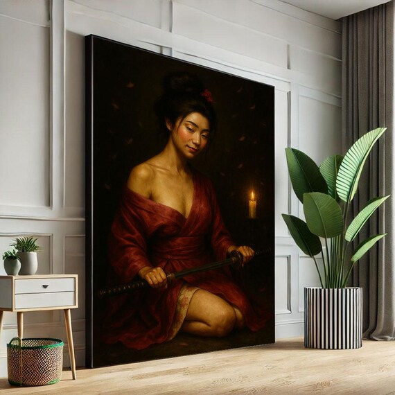 Serene Woman in Red Robe Kneeling with Katana Candlelit Art Poster