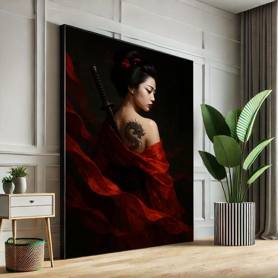 Elegant Japanese Woman With Sword Canvas Wall Art Print Bold Red Living Room Decor Statement Piece