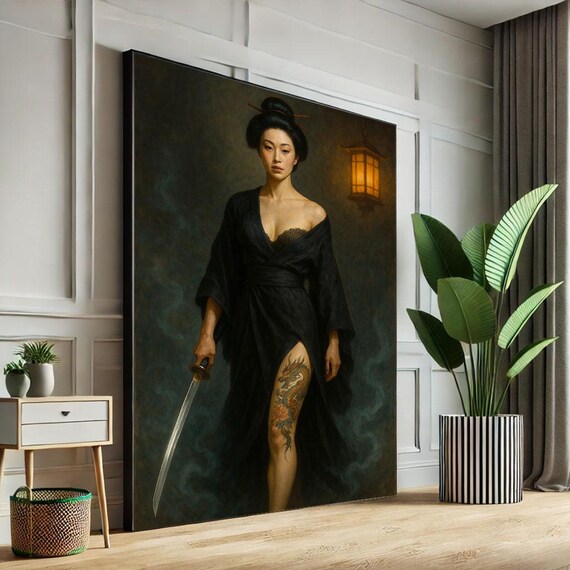 Woman in Black Robe with Katana Dragon Tattoo Lantern Night Art Poster