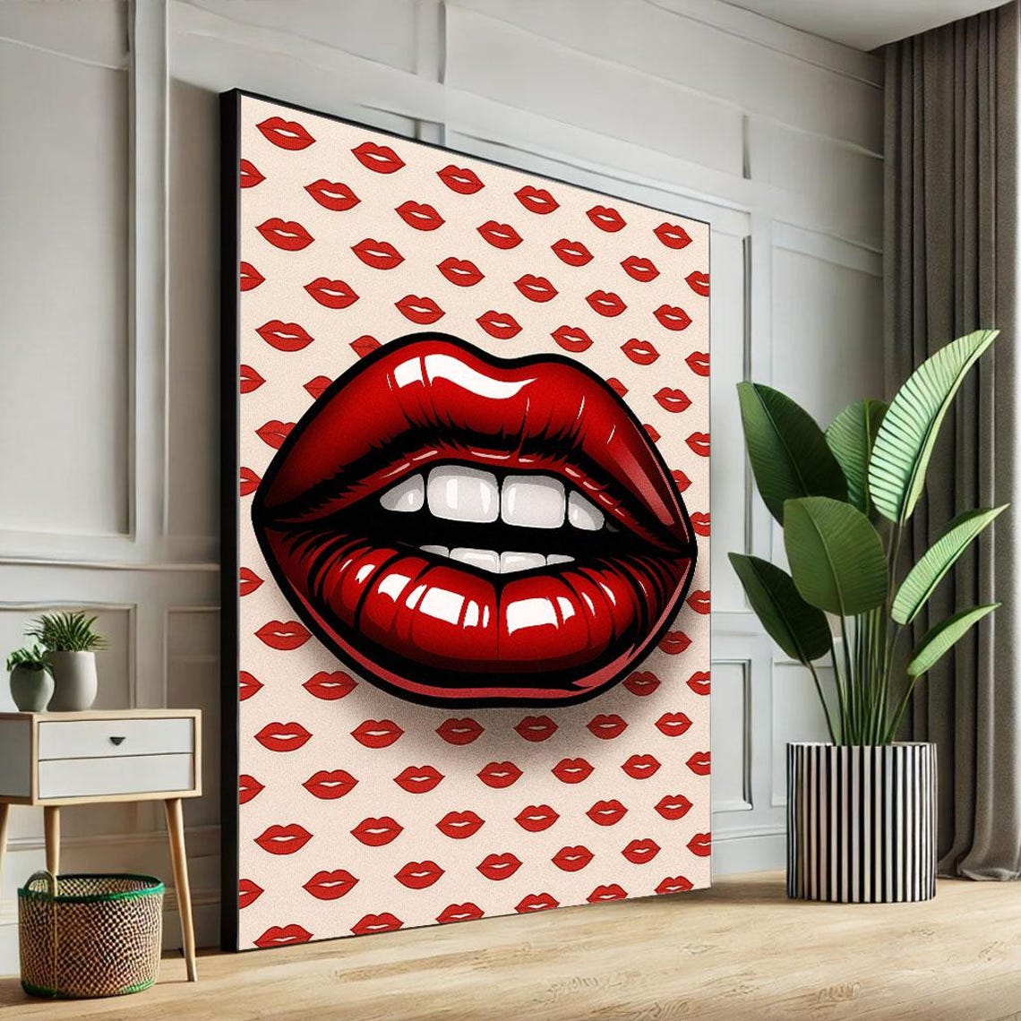 Bold Red Lips Pop Art Glossy Mouth Kiss Patterned Wall Poster