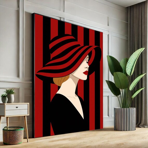 Pop Art Woman With Red and Black Striped Hat Bold Fashion Art Poster