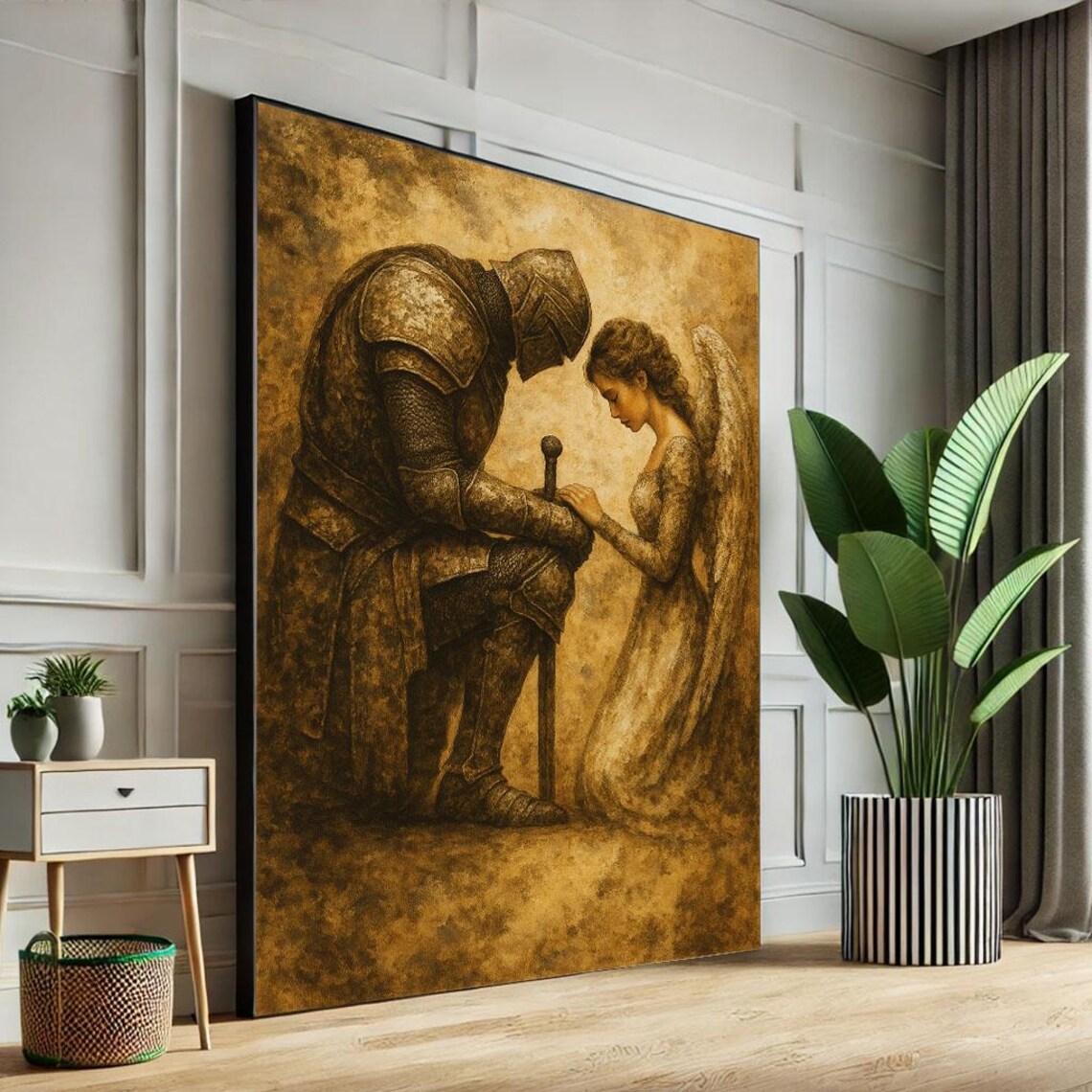 Medieval Knight And Angel Vintage Sepia Spiritual Art Poster