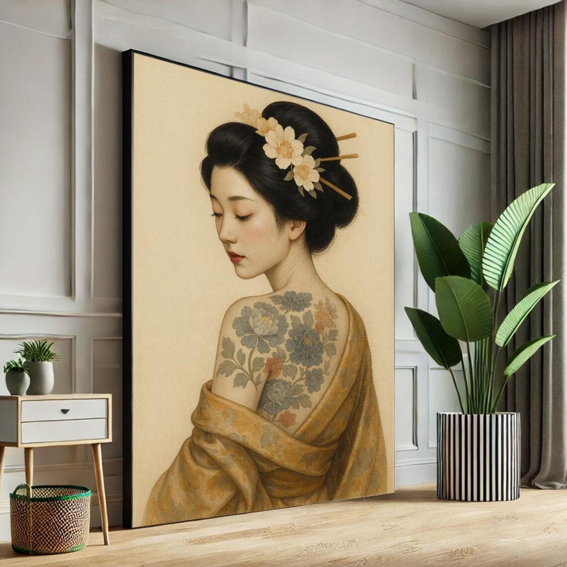 Japanese Beauty With Peony Back Tattoo Golden Floral Art Poster