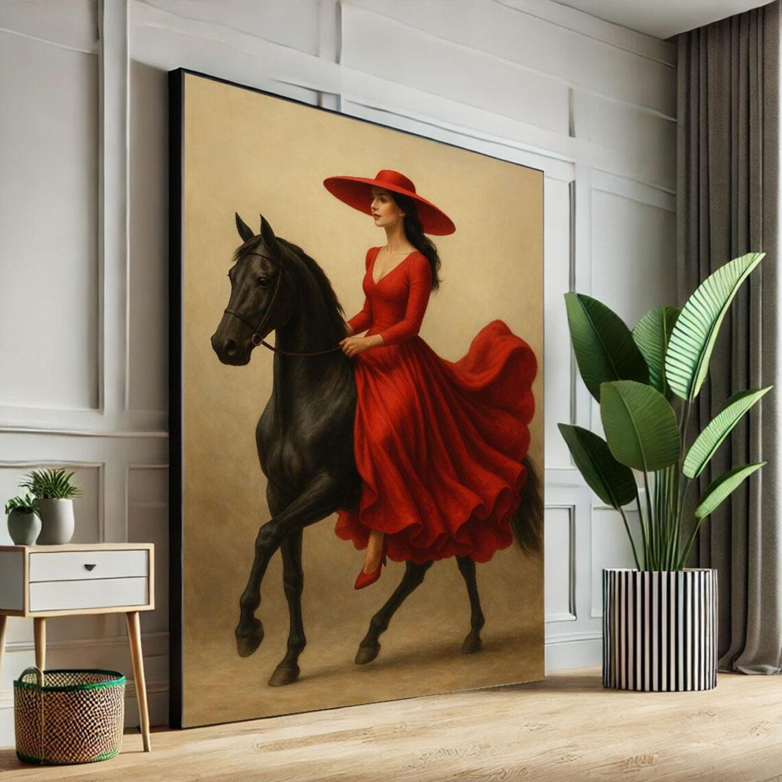 Elegant Woman In Red Dress And Hat Riding Black Horse Poster