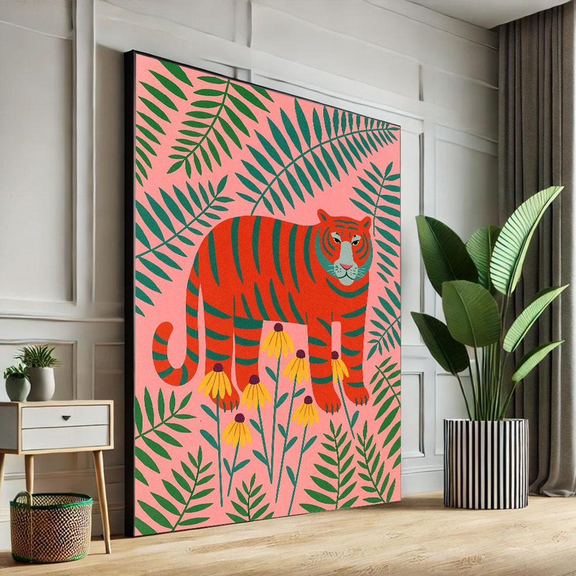 Vibrant Tiger In Jungle Canvas Wall Art Print Bold Boho Living Room Decor Statement Piece