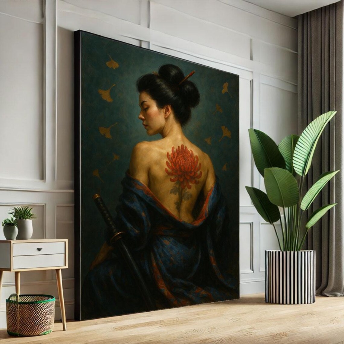 Woman with Red Chrysanthemum Back Tattoo Kimono Ginkgo Art Poster