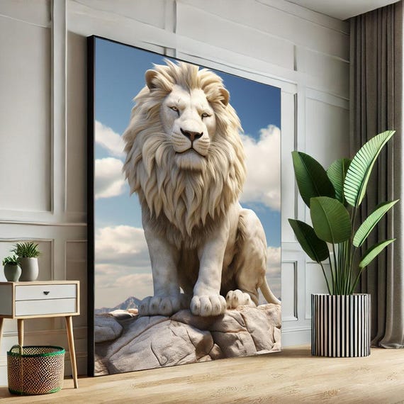 Regal White Lion Portrait Canvas Wall Art Print Majestic Living Room Decor Statement Piece