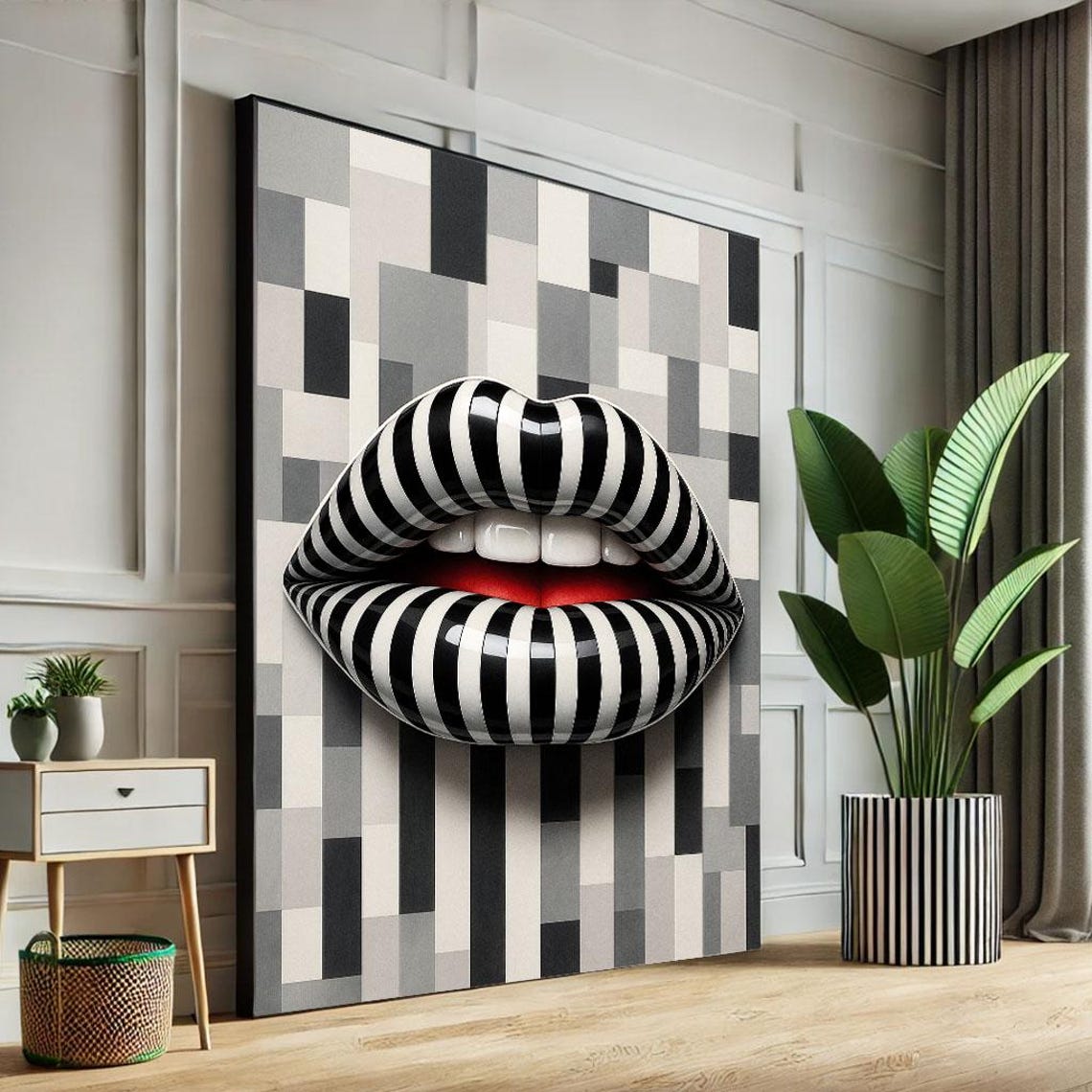 Monochrome Striped Lips Pop Art Bold Black White Mouth Poster