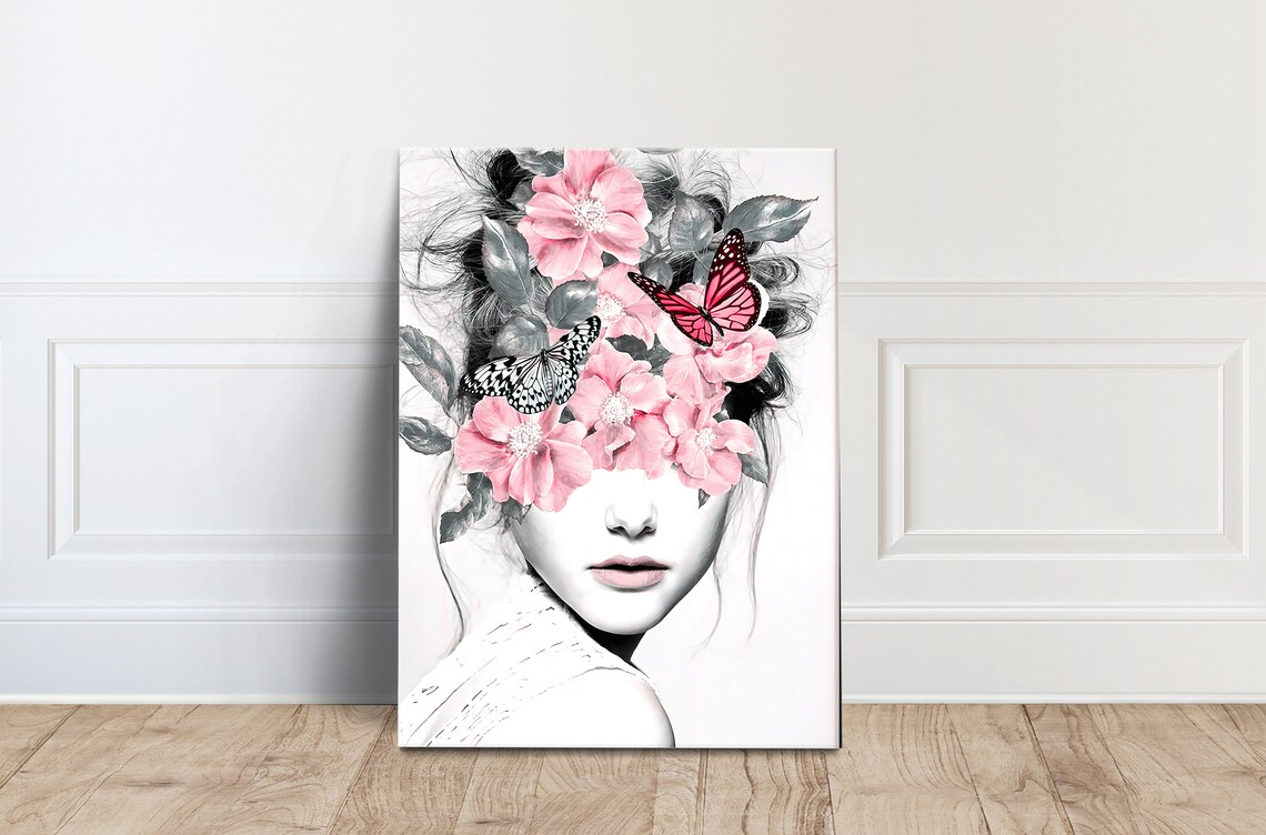 Black and White Woman with Pink Blossoms Butterflies Portrait Poster