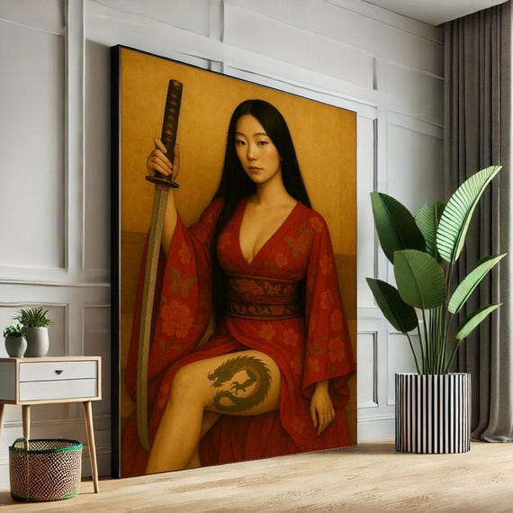 Calm Samurai Woman Portrait Canvas Wall Art Print Warm Tones Living Room Decor Statement Piece