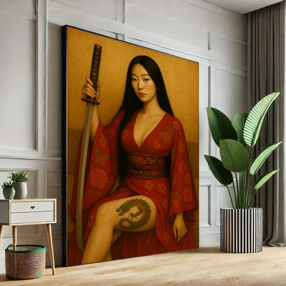 Calm Samurai Woman Portrait Canvas Wall Art Print Warm Tones Living Room Decor Statement Piece