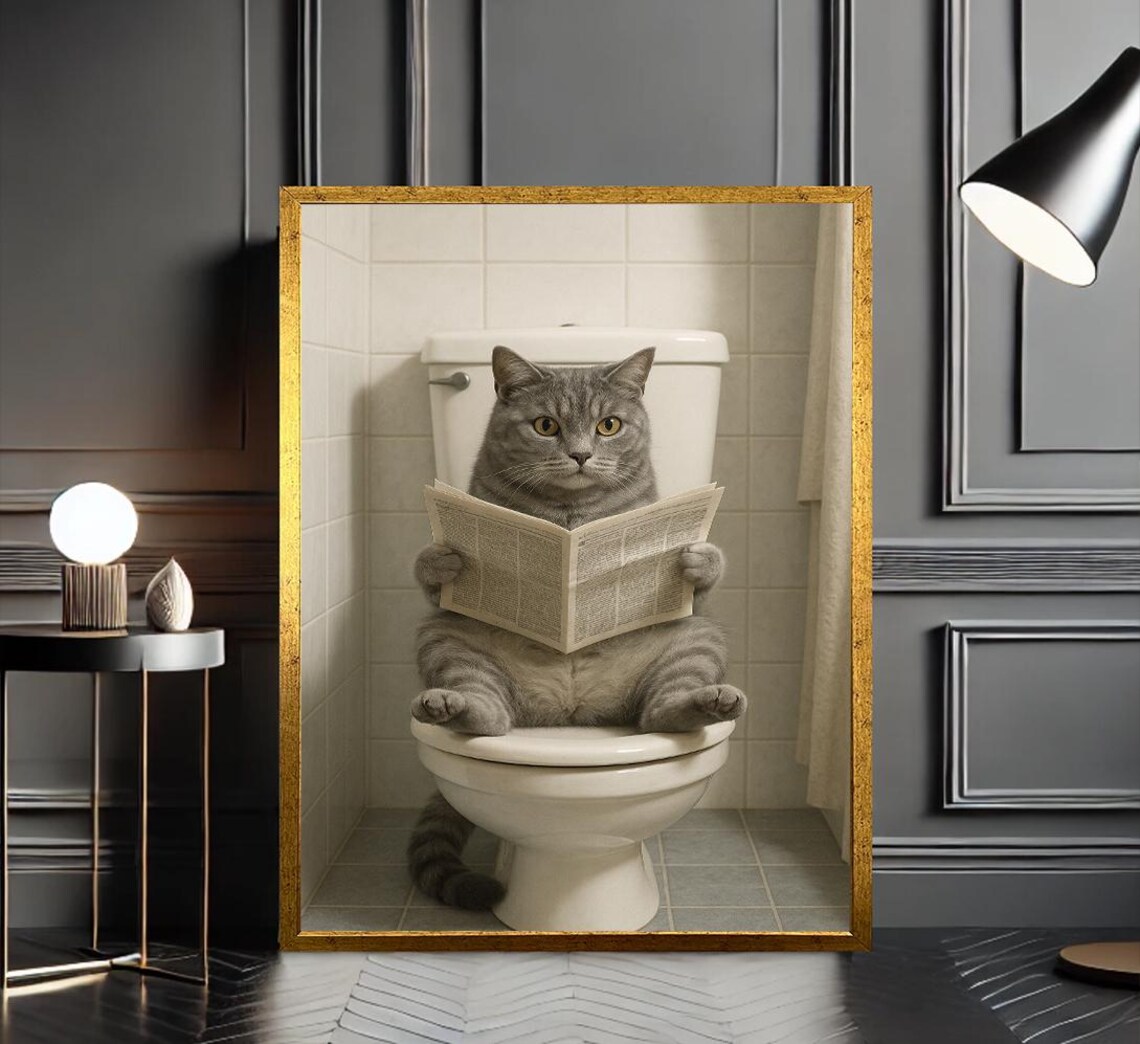Funny Gray Cat Reading Newspaper on Toilet Bathroom Art Poster