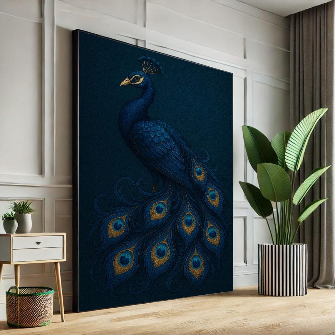 Elegant Midnight Blue Peacock Golden Tail Feather Royal Decor Poster