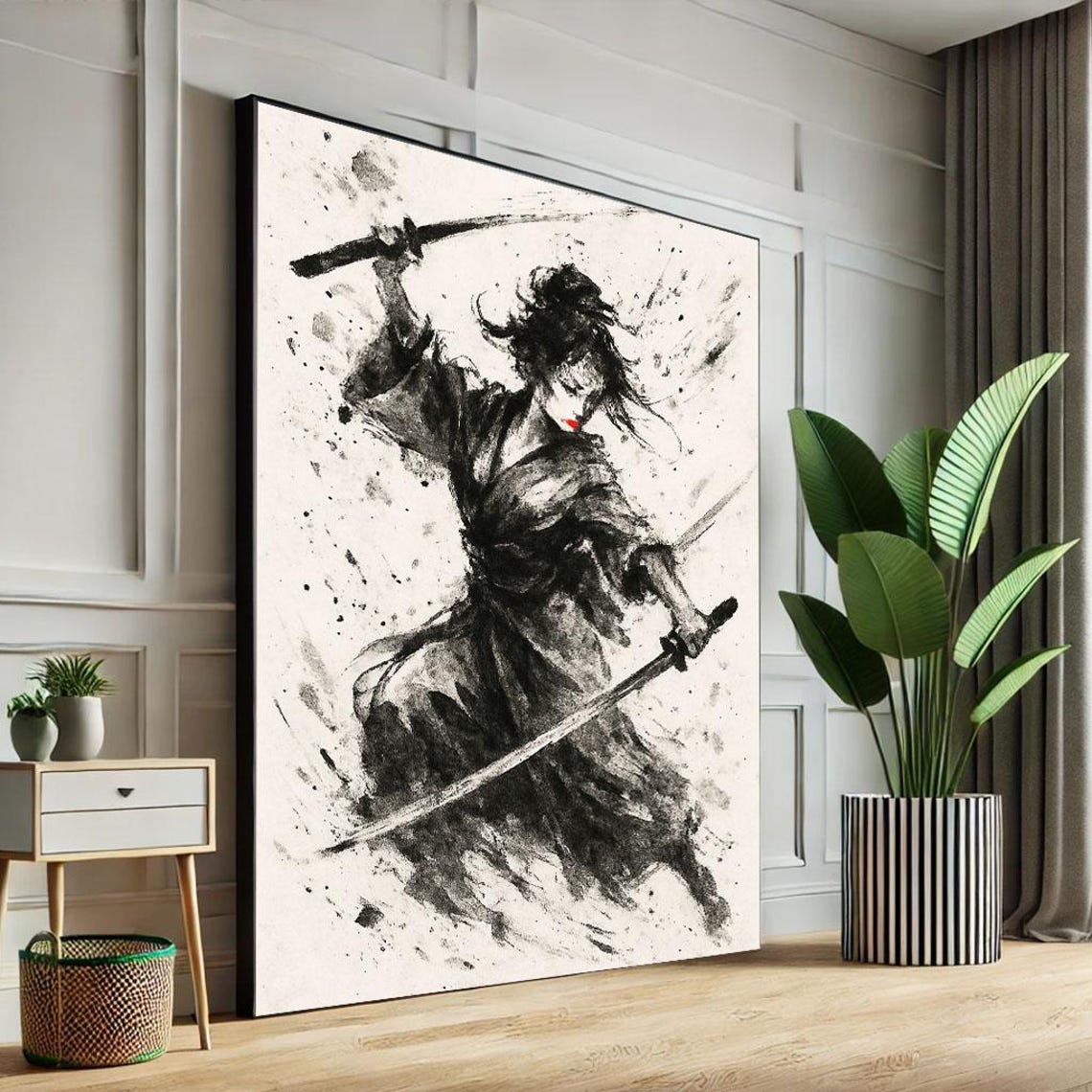 Ink Wash Samurai Woman Two Swords Japanese Sumi E Style Art Poster